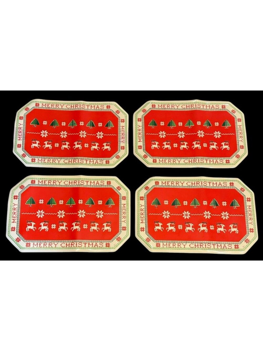 SET of 4 Vintage Vinyl Merry Christmas Sweater Reindeer Placemats Table Mats
